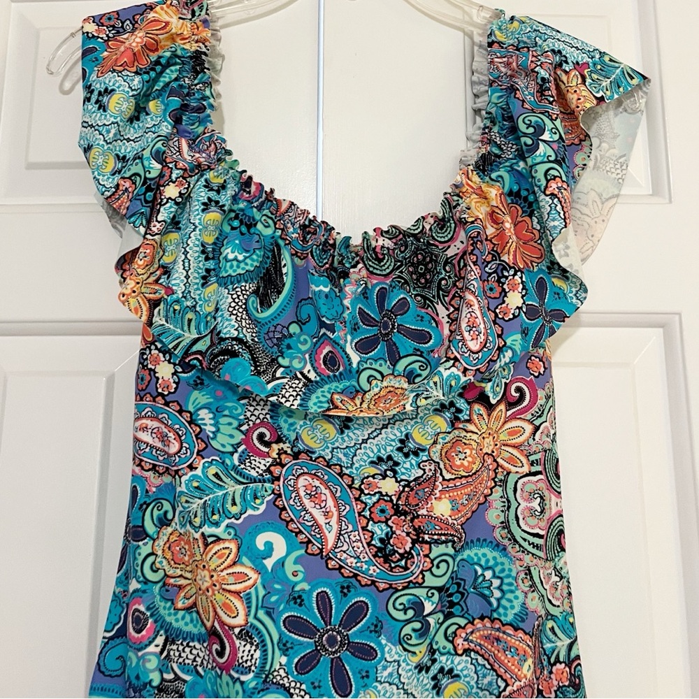 Bleu Rod Beattie Colorful Floral Paisley Ruffle Teal Blue One-Piece Swimsuit. 10 - Picture 5 of 14